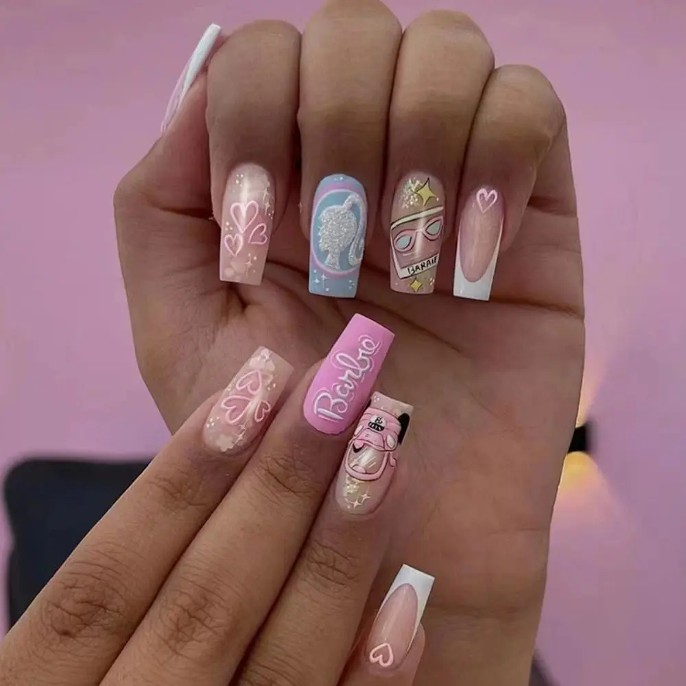 Moda longo quadrado unhas falsas francês glitter girassóis falso nials destacável cobertura completa dicas de unhas diy