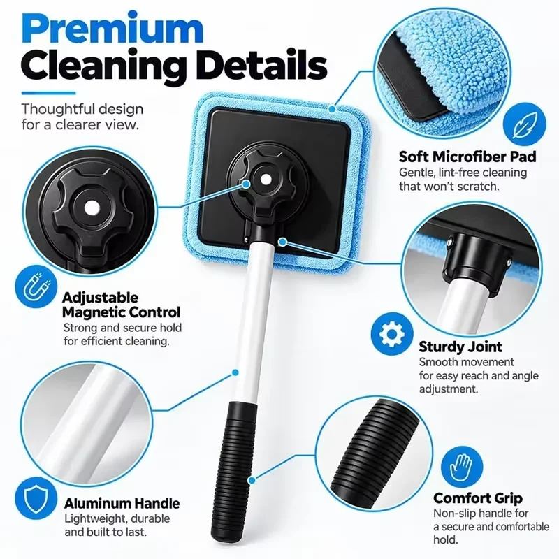 Portable Magnetic Car Glass Cleaning Tool Set Streak-Free Auto Windshield Cleaner With Extendable Long Handle Removable Wash Pad