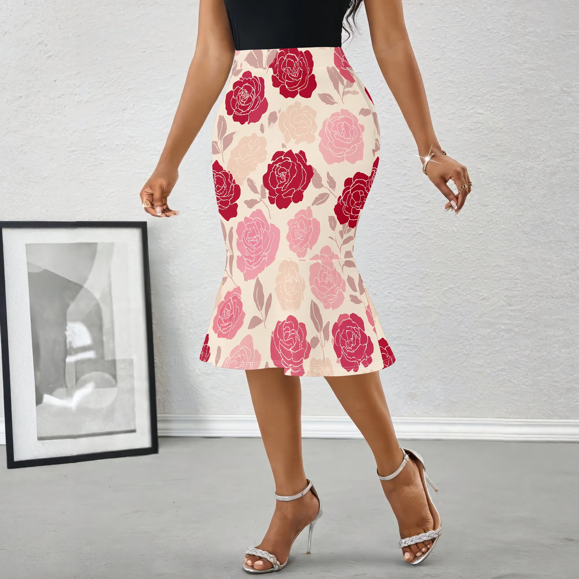 Floral Print Midi Pattern Pencil Pink Flower Design Mermaid Skirt Vintage Style Ruffle Hem Skirt for Women Office Party Wear