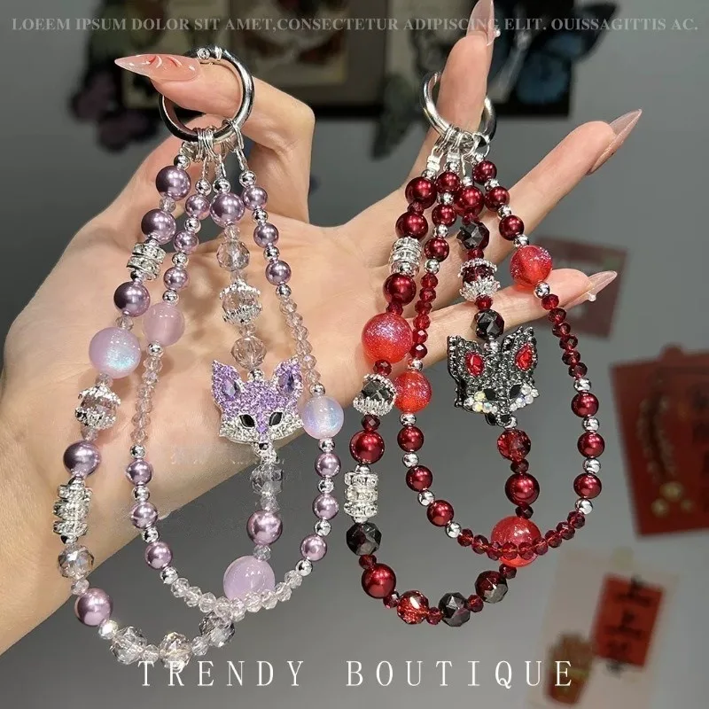 Exquisite Double Chain Diamond Fox Crystal Mobile Phone Pendant Luxurious High-End Sparkling Lanyard Short