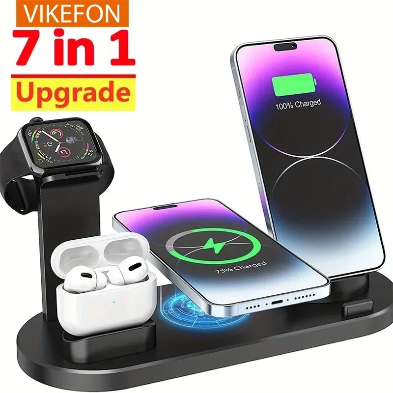 VIKEFON 7 in 1 30W Wireless Charger Stand Pad For iPhone 15 14 13 Apple Watch Fast Charging Dock Station for Airpods iWatch 8 7