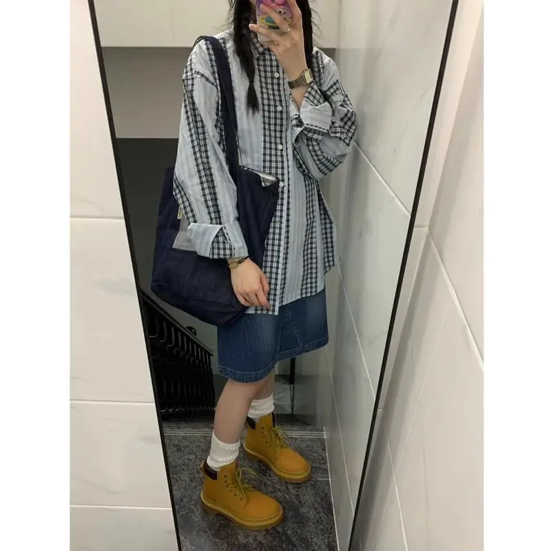 Japanse Vintage Patchwork Plaid Shirt Vrouwen 2025, Lente Revers Lange Mouw Blouse Y2k Fashion Design Losse Tops Mujer