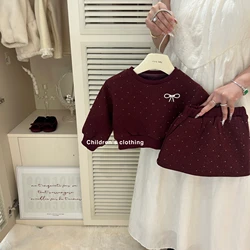 Childrens Fleece Sets Fashion Bow Sweet Girls Winter 2024 New Korean Style Kids Long Sleeves Sparkly Tops Skirts Two Piece Sets