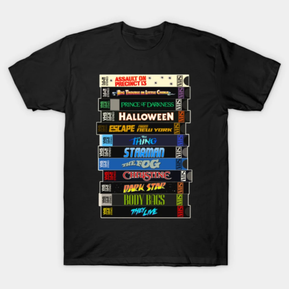 

Men Women Vintage VHS Tape Stack Halloween Thing Christine Print Cotton Motorcycle T-shirt John Carpenter Fan Street Clothes