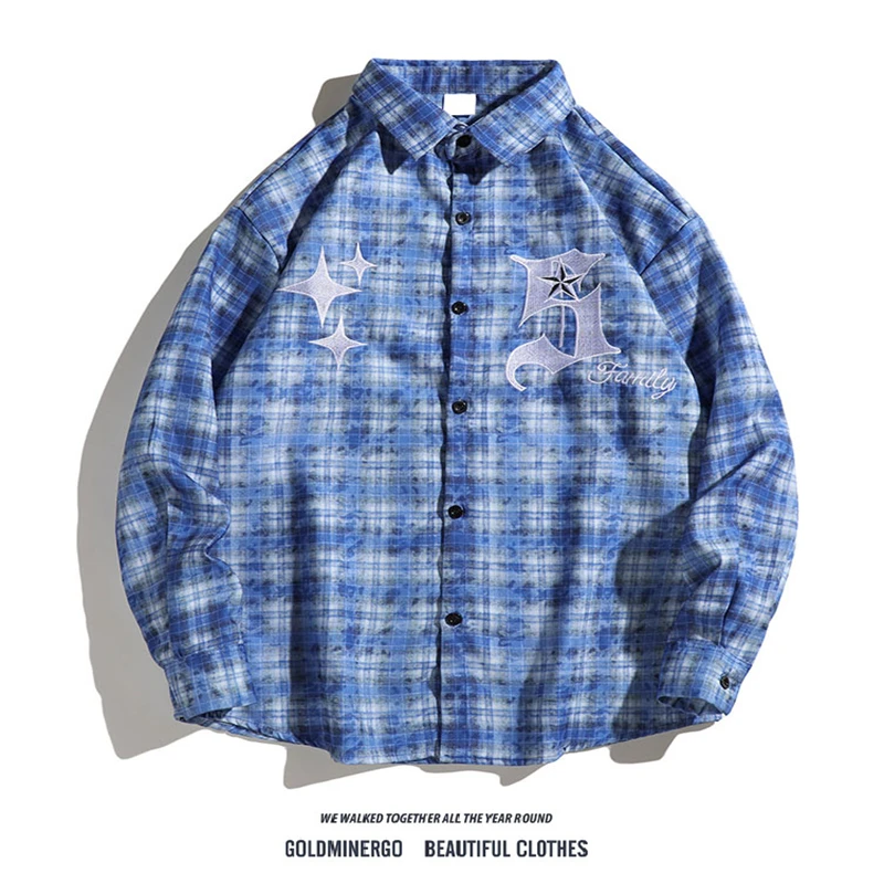

American Street Blue Plaid Long Sve irt Jaet Loose Fit for Men And Women Embroidered Letter Trendy Brand Casual Wear