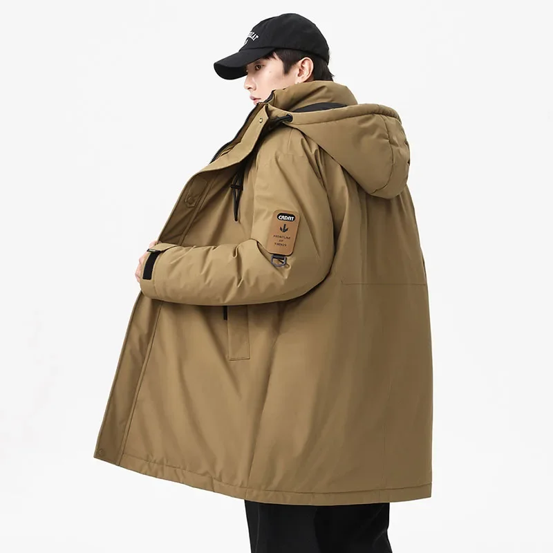 한국 스타일 면 라이너 후드 파카, 두껍고 긴 작업복, 젊음 활력, 남성용 면 의류