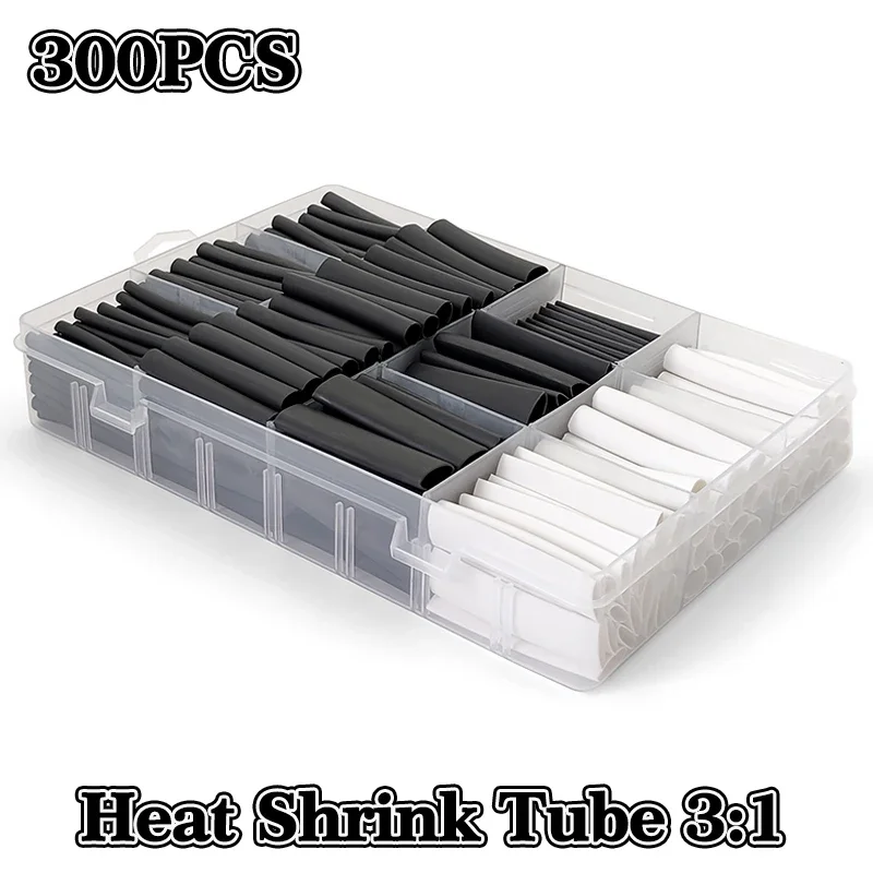 300Pcs Flexible 3:1 Shrink Polyolefin Tubing Black White Flame Retardant Sleeve LED Lamp Wiring Joint Insulating Protective Wrap