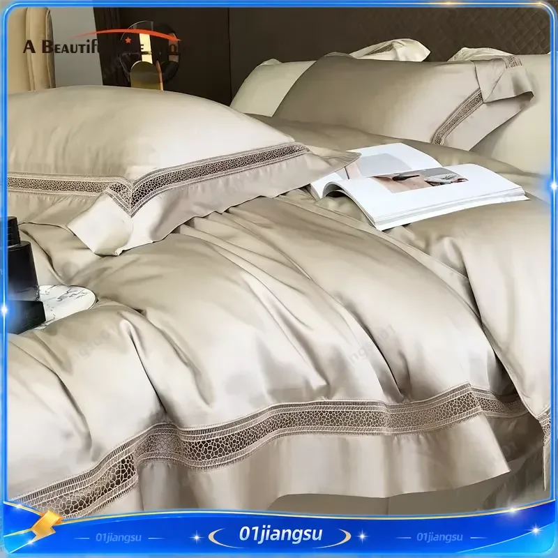 1000TC Egyptian Cotton Bedding Set Luxury Hollow Lace Duvet Cover Flat Fitted Sheet Pillowcases Soft Cozy Home Textile