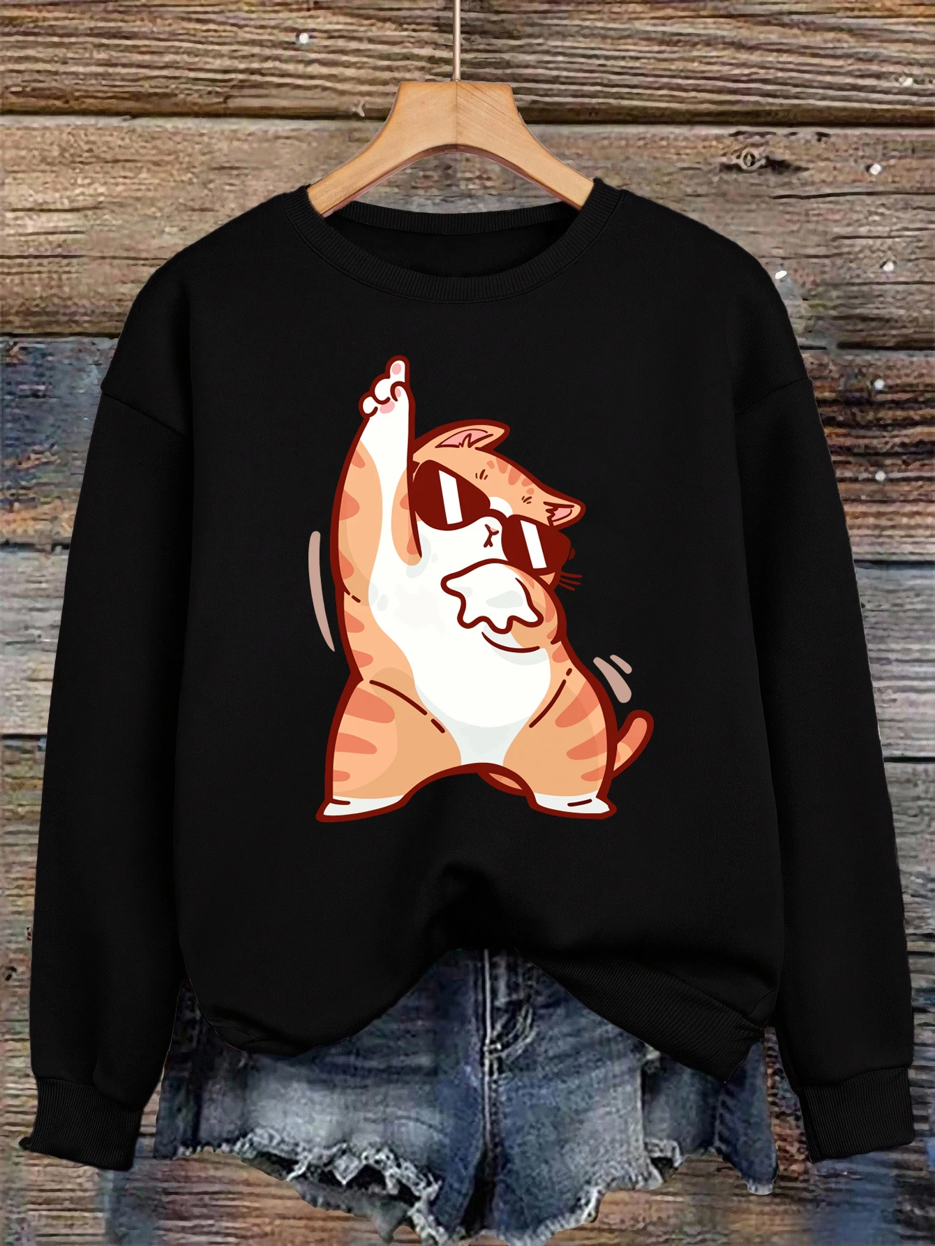 Sudadera con estampado de gato bailando feliz para mujer, ropa de Hip Hop con cuello redondo, jerséis informales holgados, ropa de calle Unisex de lana que combina con todo