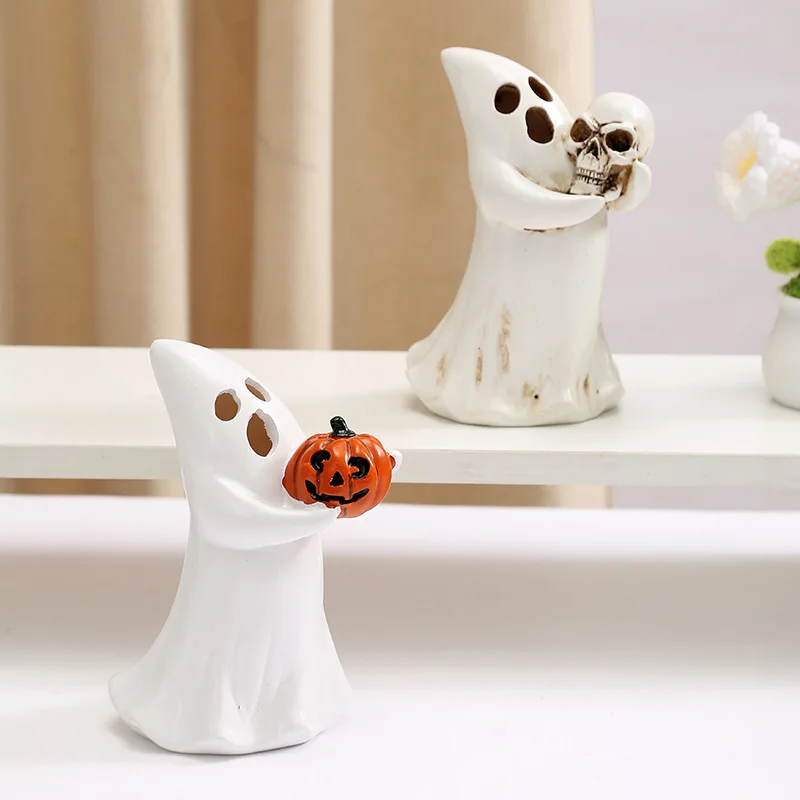 Halloween Window Display Gift Desktop Resin Ornament White Ghost Holding Pumpkin Skull Figurine For Party Table Decor