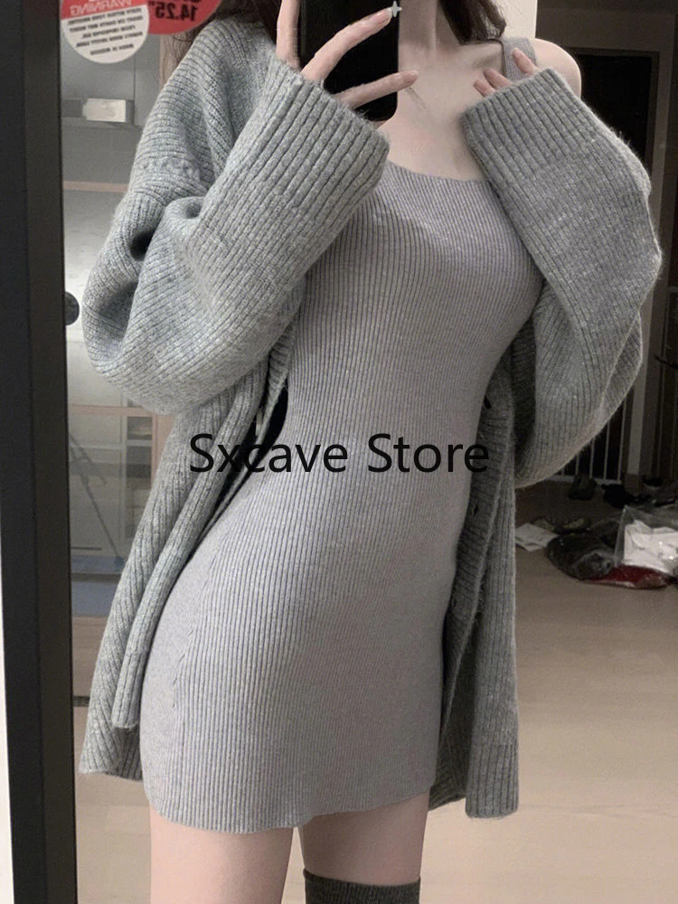 Gray 2 Piece Dress Set Women Casual Long Sleeve Cardigan + Bodycon Strap Sweater Dress Evening Party Knitted Suit 2023autumn