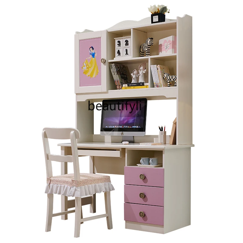 

yj Children's Solid Wood Desk Bookshelf Study Chair Combination Integrated Computer Study Table