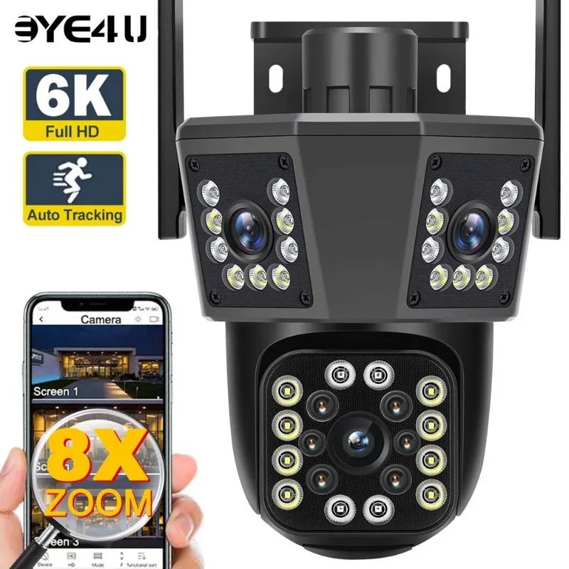 6K 12MP WiFi Outdoor PTZ Security Camera 8X Zoom Three Lens AI Motion Tracking 4K Waterproof Surveillance Camera