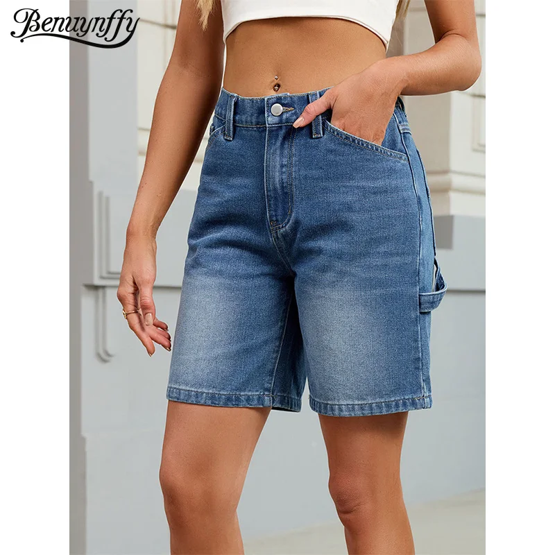 

Benuynffy Vintage Elastic Waist Denim Shorts Women Summer Casual Washed Mid Waisted Straight Leg Half Pants Female Streetwear
