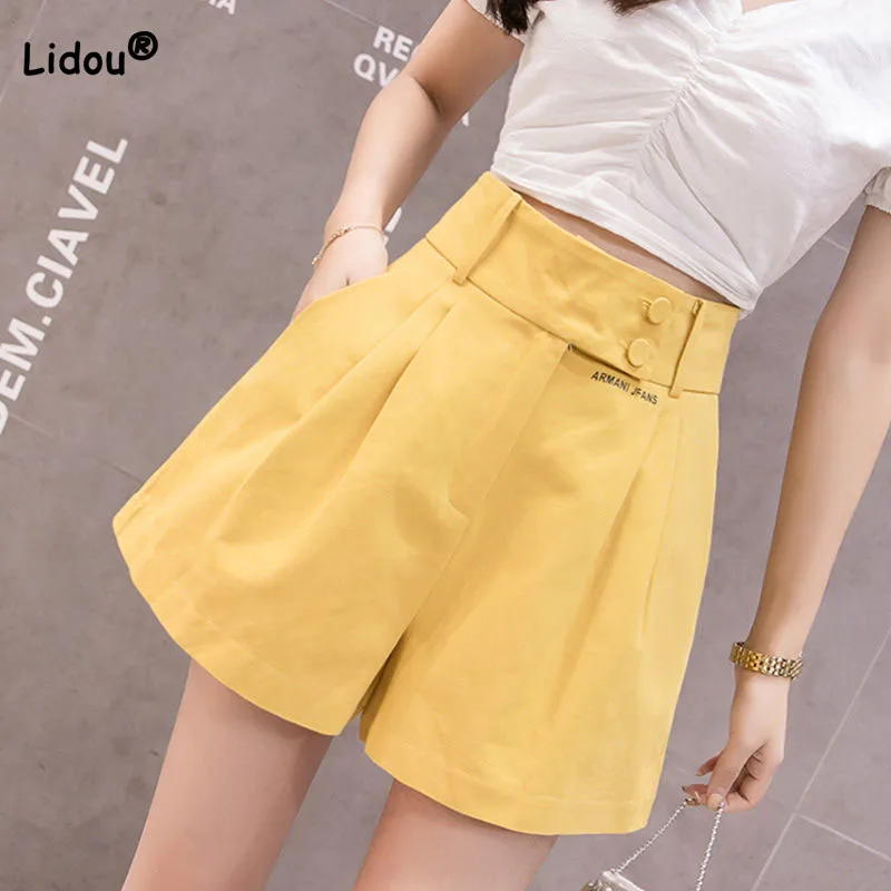 Summer Korean Button Spliced Solid Color Casual Pants Women's Clothing All-match Loose Wide Leg High Waist Shorts for Female