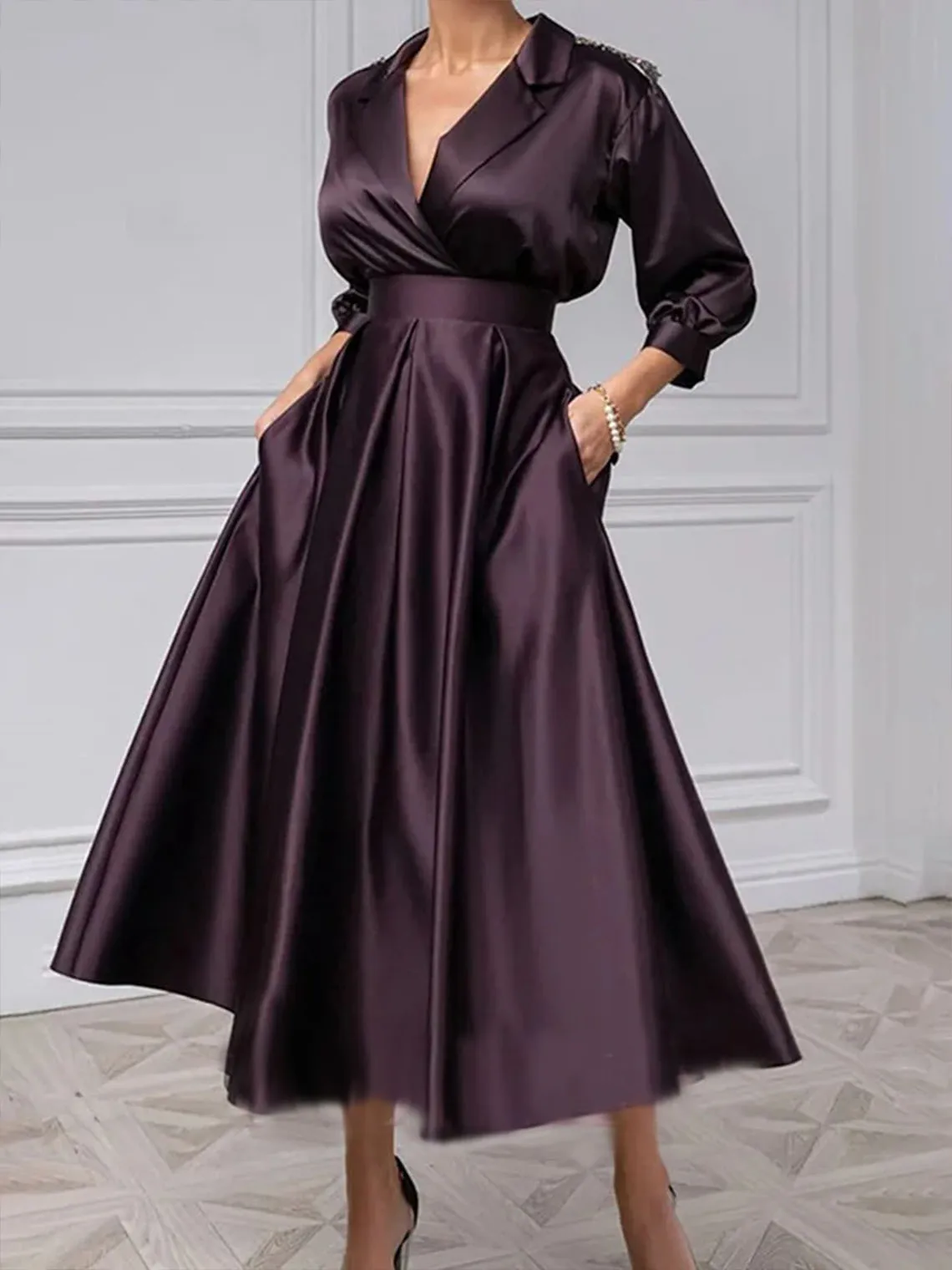 

Elegant 3/4 Sleeves V-Neck A-Line Princess Satin Mother of the Bride Dress Tea-Length Ruffles Beading 2025 free customized