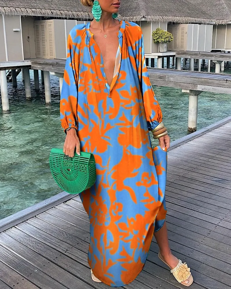 Elegant Women\'s Dresses 2023 Summer Casual Fashion Print V-Neck Loose Retro Comfortable Maxi Dress Female Robe S-XXXL