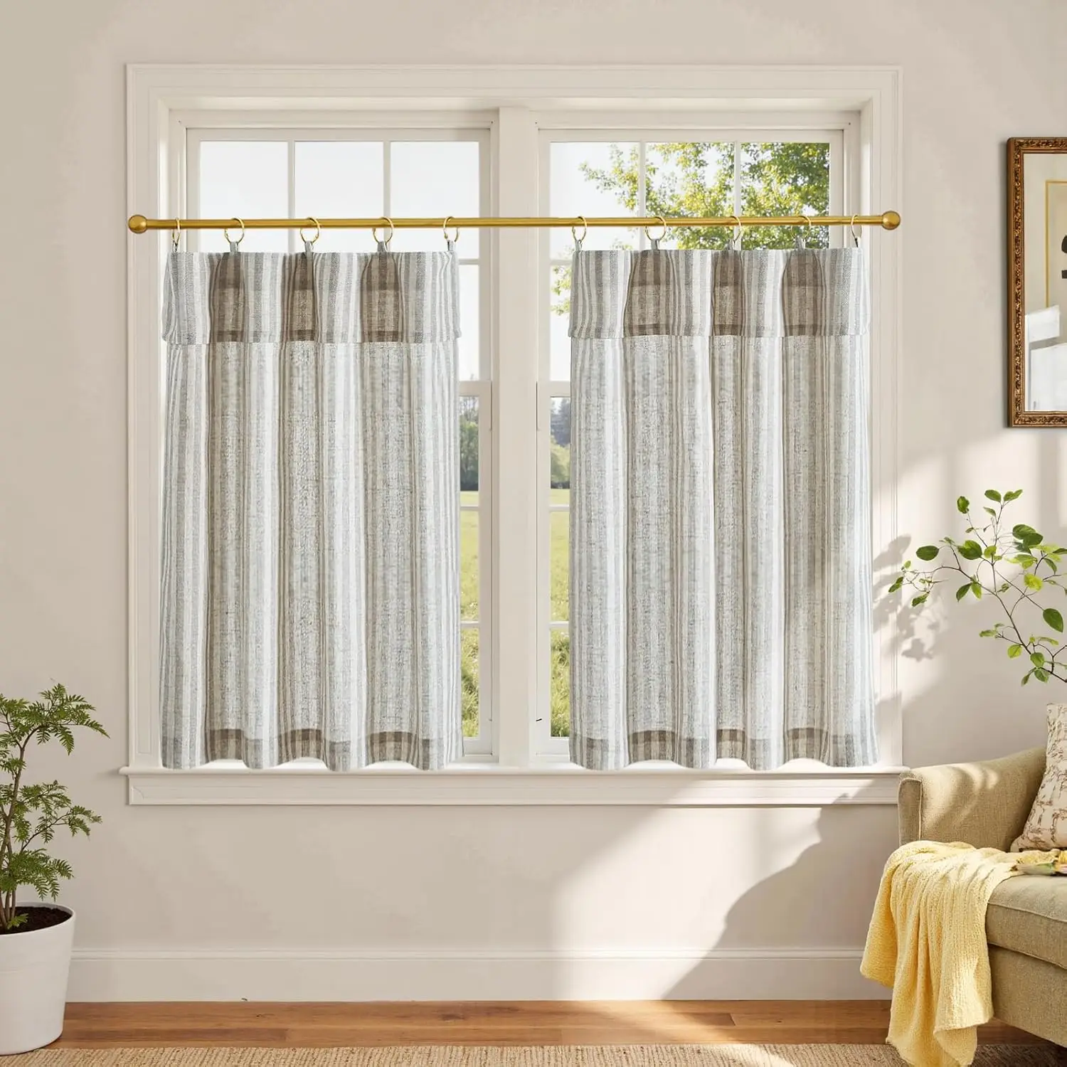 

Striped Linen Kitchen Curtains with Attached Valance 36 Inch Length Cafe Tier Curtains for Living Room Rustic Half Windo