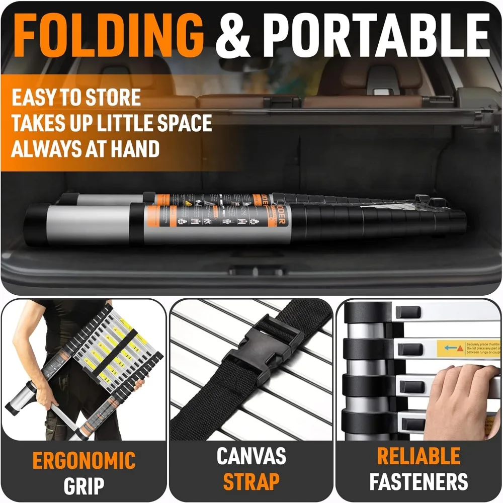 سلم تصغير من الألومنيوم بطول 12.5 قدم: سلم تمديد خفيف الوزن مع قفل أمان للمنزل والسقف والمركبات الترفيهية والوصول العلوي والخارجي