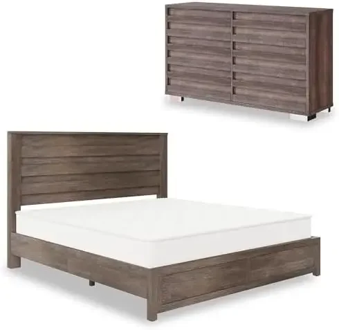 2-Piece Farmhouse Bedroom Set, King Size Bed Frame and 6 Drawer Dresser, Platform Bed with 49