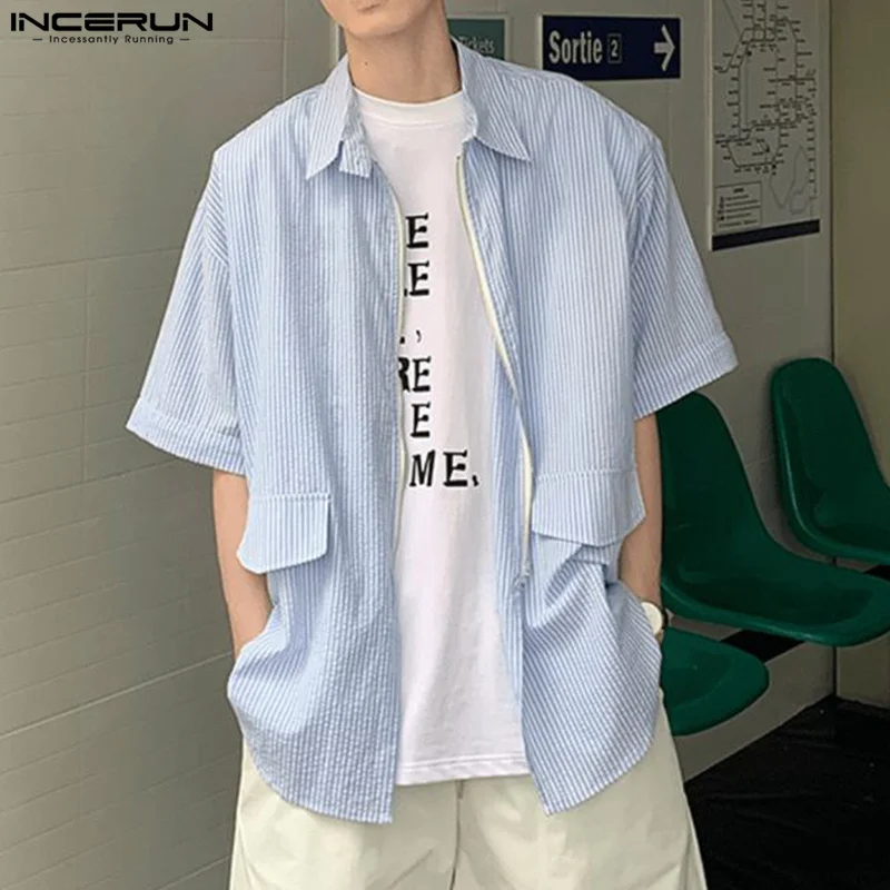 INCERUN Tops Korean Style Fashion Men Bubble Sleeve Striped Design Shirts Summer Casual Streetwear Hot Sale Short Sleeved Blouse