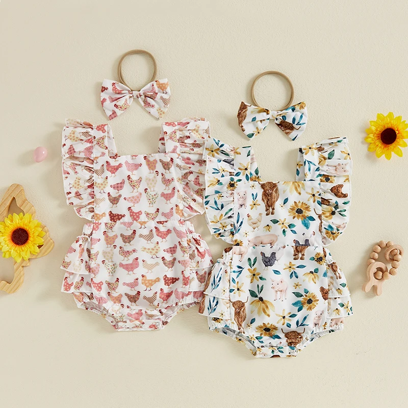 

2024-05-06 Lioraitiin Baby Girls Summer Romper Sunflowe Print Ruffled Sleeve Square Neck Jumpsuit with Bow Headband