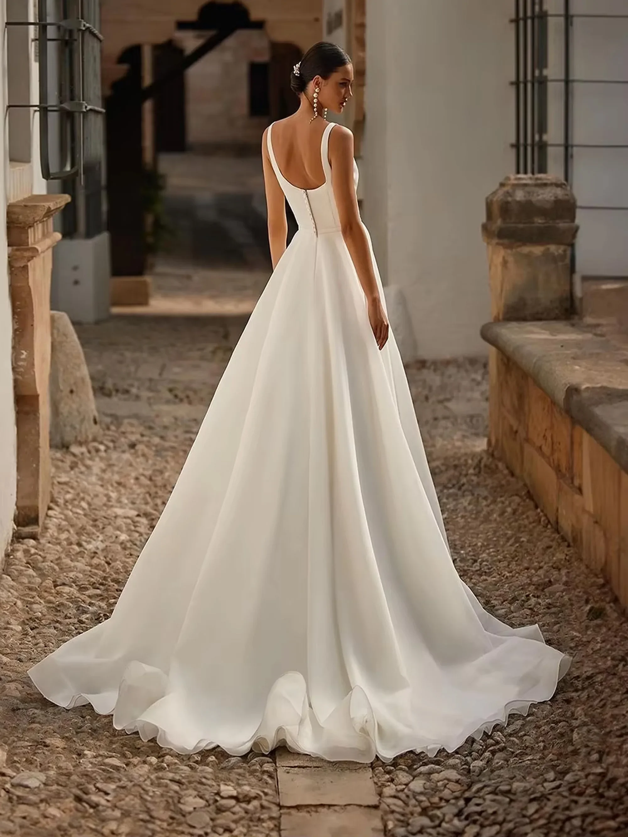فساتين زفاف Flavinke أنيقة مخصصة للعرائس بوهو أشرطة سباغيتي وياقة مربعة فساتين بسيطة عتيقة فساتين زفاف طويلة