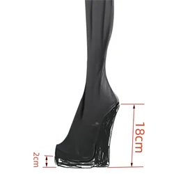 SHOFOO shoes Sexy women's high heels boots. About 18 cm heel height. Wedges heel elastic boots.Black transparent mesh.size34-46