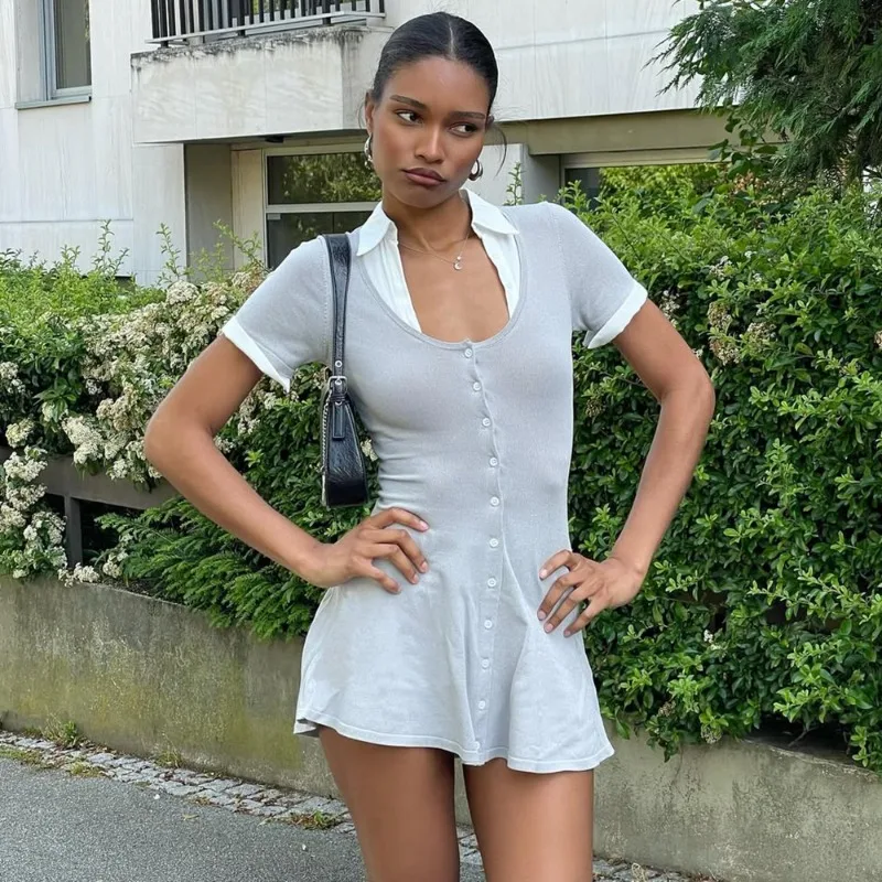 

Ticketsx Fashiona Contrast Mini Dress Summer Collared Patchwork Short-Sleeved Dress Elegant High-Waisted Party Look Women Dress