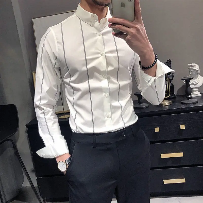 Men\'s Shirt Korean Fashion Stripe Basic Style Non-ironing Slim Fitting Suit POLO Collar Single Breasted Fashion Casual Commute