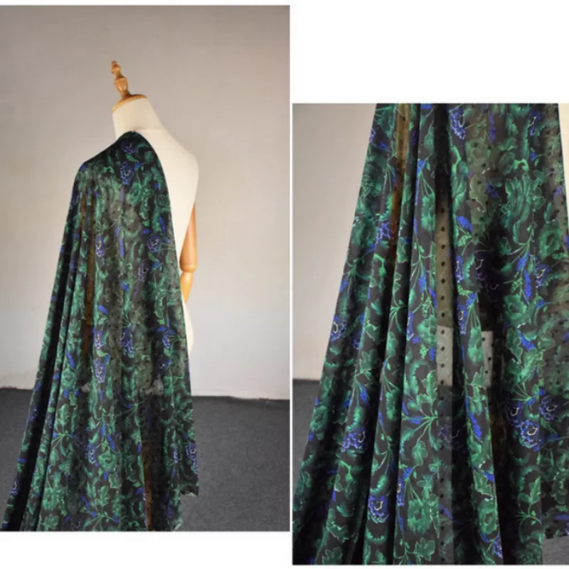 China Wind Black Bottom Emerald Green Flower Print, Chiffon Fabric, Dress, Shirt, Cheongsam,Handmade Sewing Tissue, Transparent