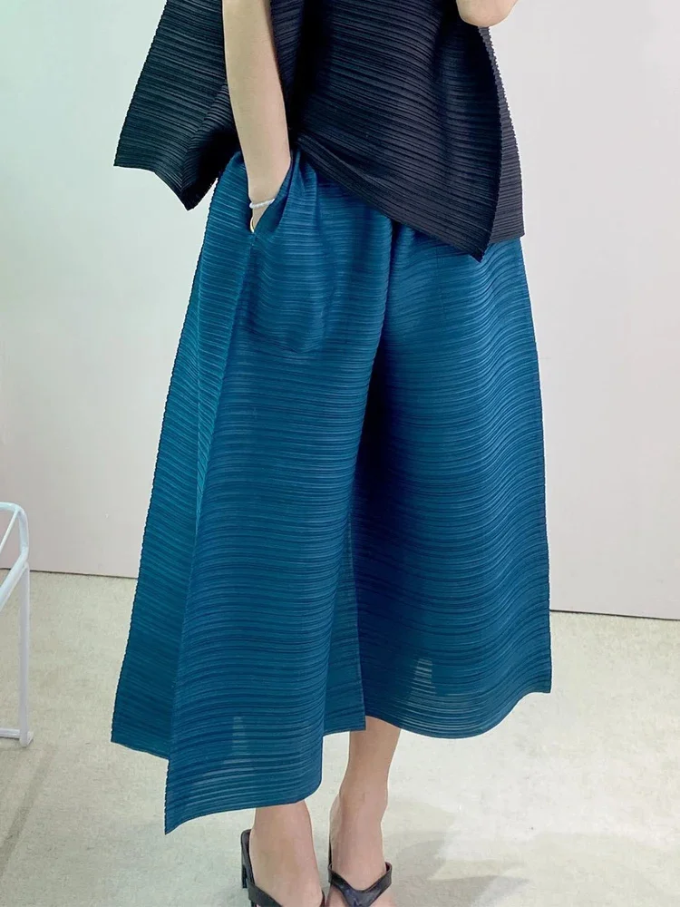 

Женские широкие брюки Miyake, плиссированные модные уличные однотонные летние брюки с узкой талией, свободные, большие размеры, женские до щиколотки