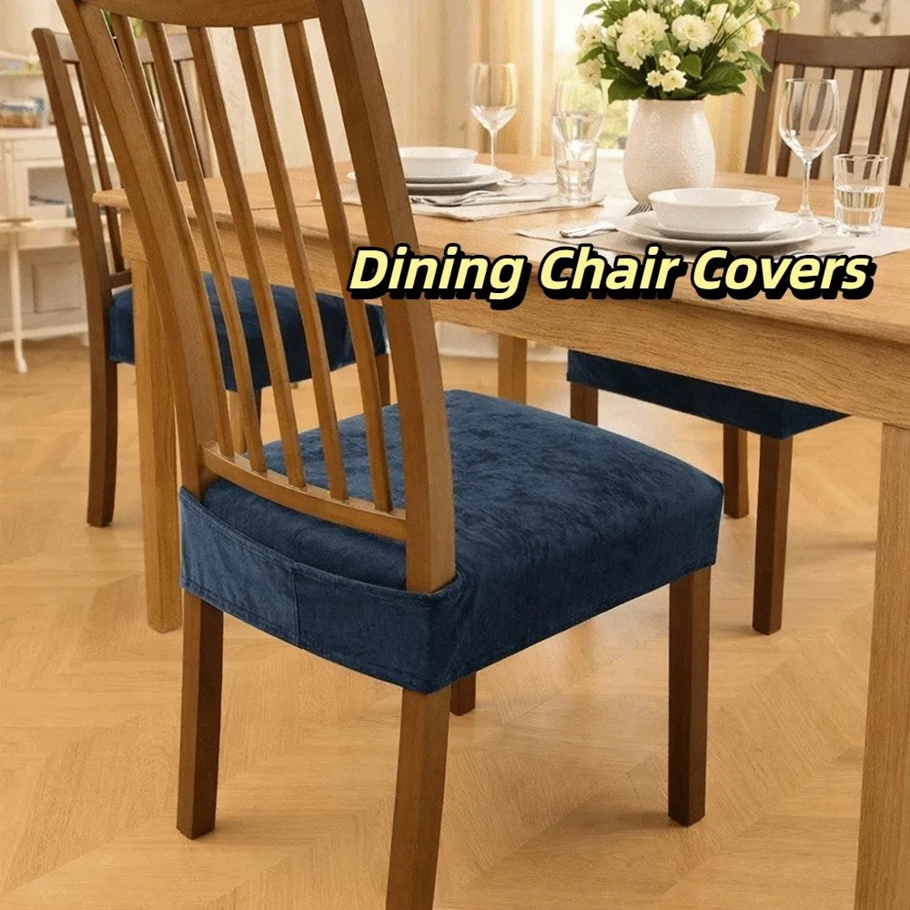

Elastic Velvet Dining Chair Covers Dust-Proof Removable Chair Slipcover Fixed Strap Non-Slip Design Seat Protector Dining Room