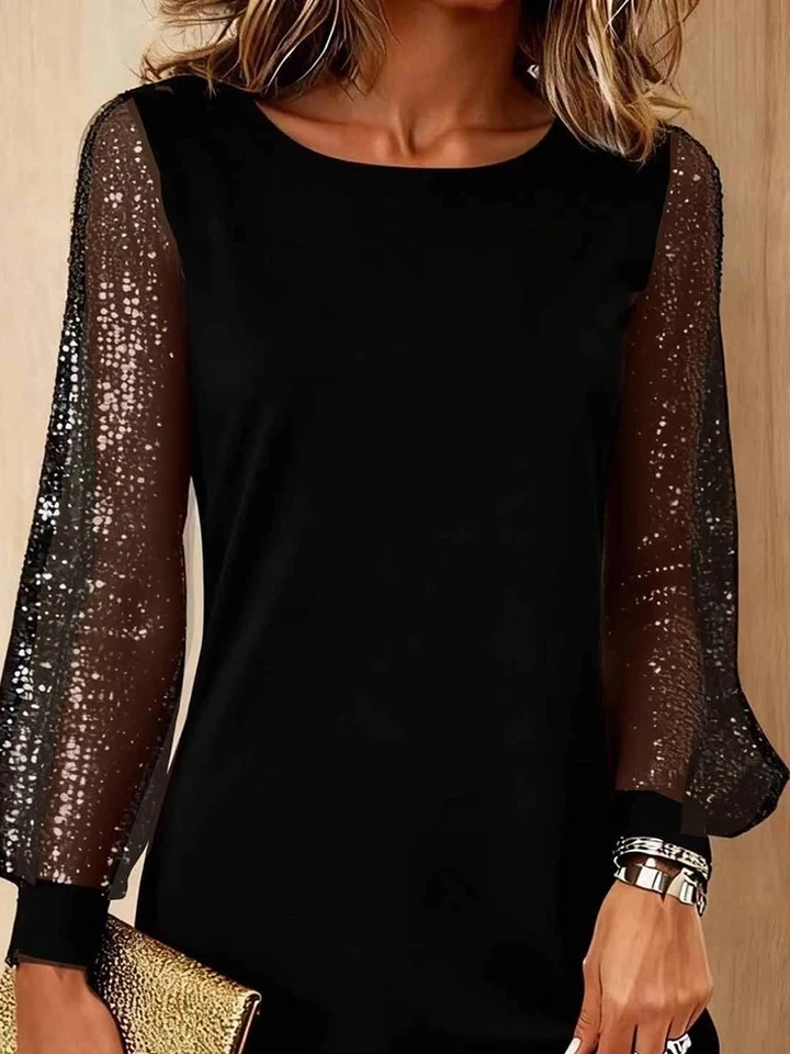 

Autumn New Simple Pure Commute Women's Dress Casual Sequins Long Sleeve Party Short Dress Fashion O-neck High Waist A-line Dress