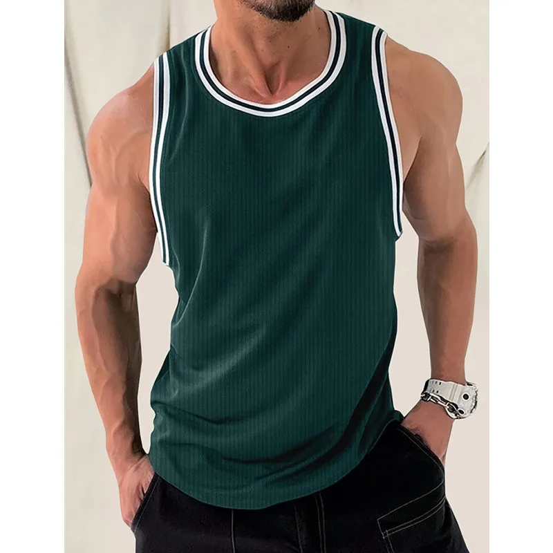 Summer Tank Top Men GYM Fitness Training Vertical striped O-Neck Vest Quick Dry Bodybuilding Sleeveless T-Shirt Men Jopping Vest