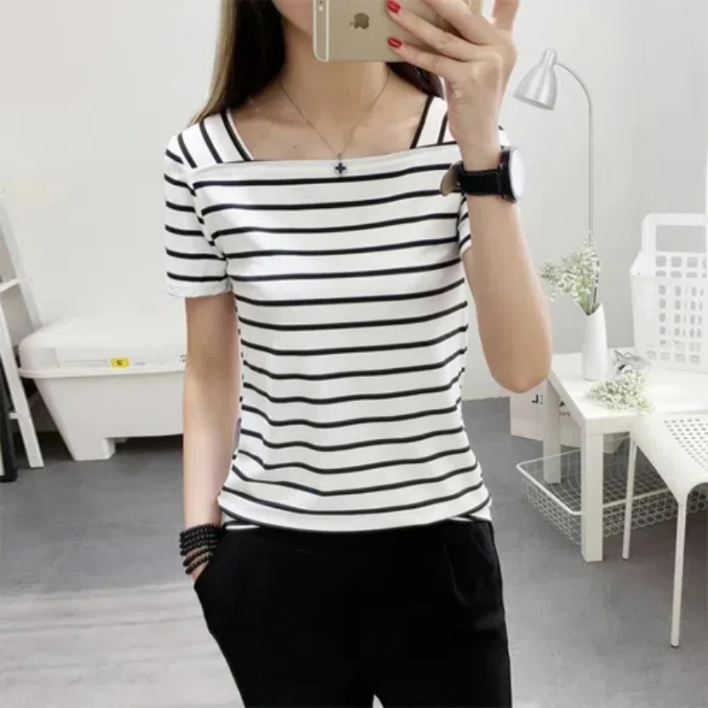 Black White Slim All-match Office T Shirts Summer New Short Sleeve Striped Youth Vintage Tops Tees Casual Fashion Women Clothing