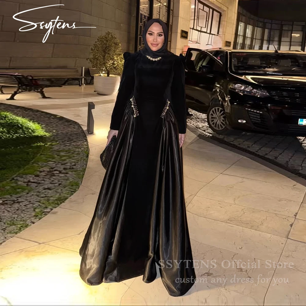

SSYTEN Modest Black Evening Dresses Full Sleeves Beaded Party Dress Pleats Vestidos De Noche Floor-Length Formal Gown Customized