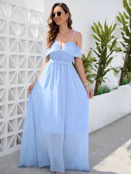 Vestidos largos de chifón para mujer, vestido de verano con escote en V y hombros descubiertos, estilo bohemio, a la moda, Formal, para boda, 2022