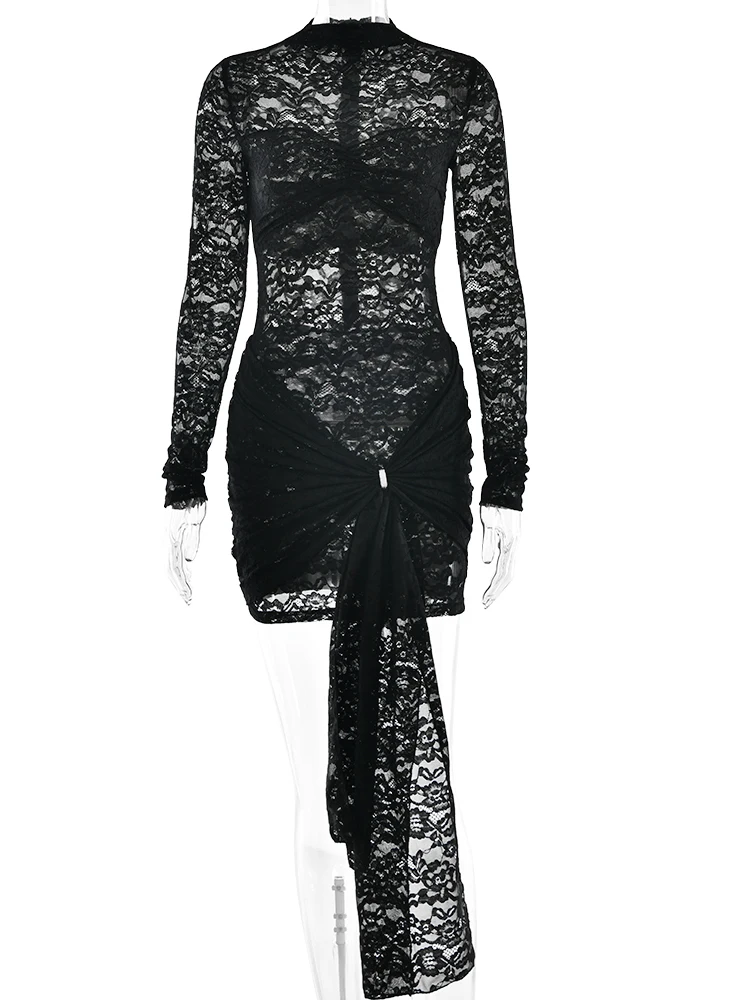 Fantoye Sexy See Through Lace Bandage Women Dress Black Long Sleeve Print Floral Dress Female Winter Slim Elegant Party Dresses