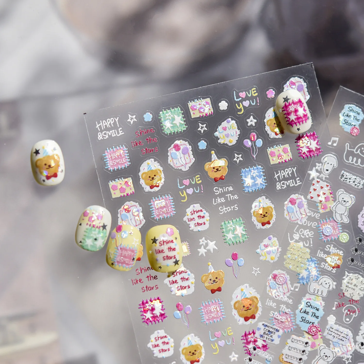 1 Sheet High Quality Nail Art Stickers Cute Simple Graffiti Birthday Bear Art DIY Manicure Decal Decoration T-5438