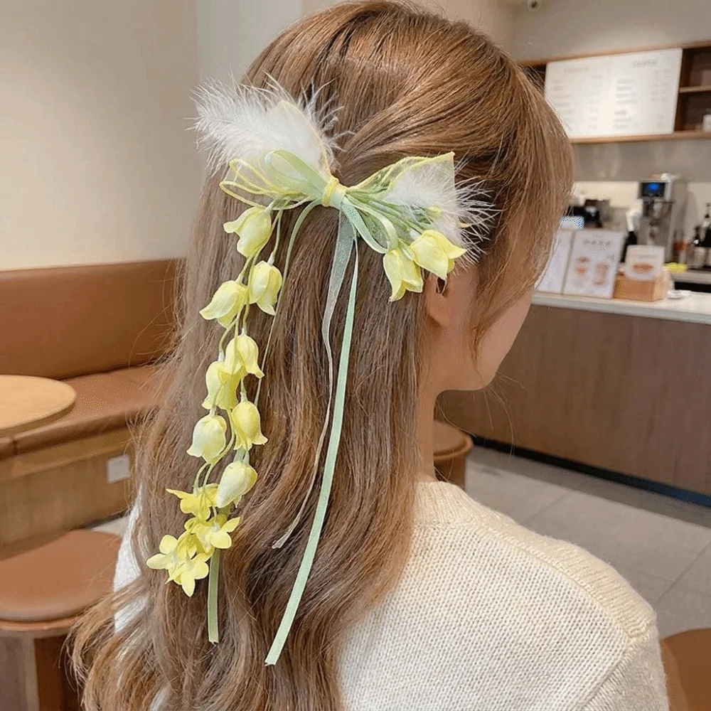 Sweet Tulle Bow Hair Clips Sequin Floral Designs Bell Orchid Ribbon Barrettes Soft Mesh Lolita Dress Hair Accessories Wedding