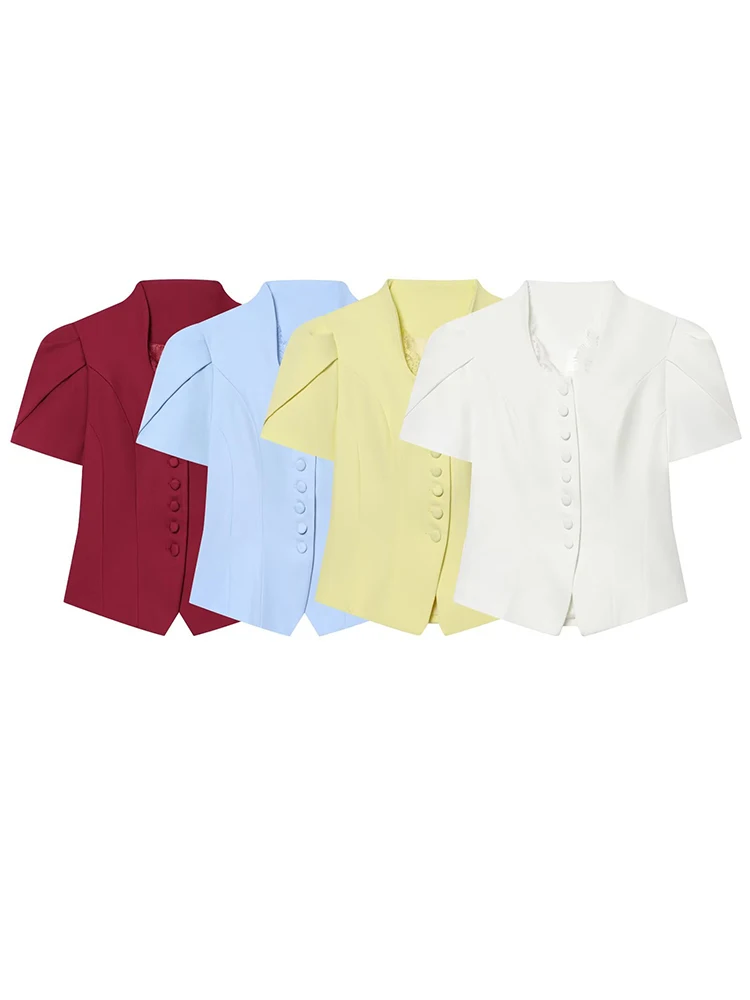 

Women Tailored Short Sleeve Blazer Single Breasted Lace Trim Stand Collar Form-Fitting Blazers