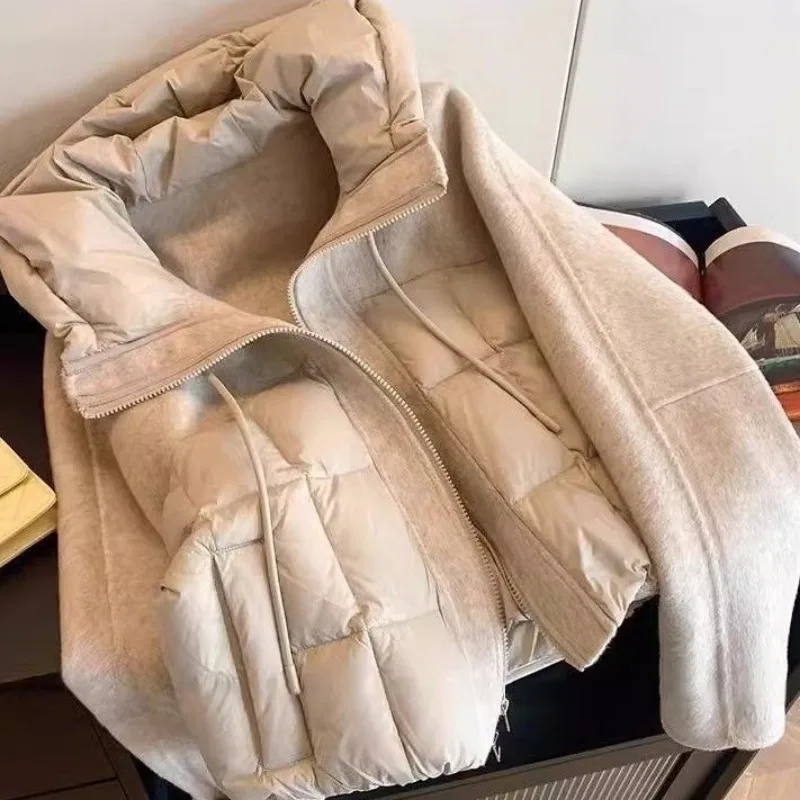 Women's Coat Autumn and Winter Design Fashion Splicing Drawstring Hooded Zippers Long Sleeves Tops Jacket Lady Commuter Coat