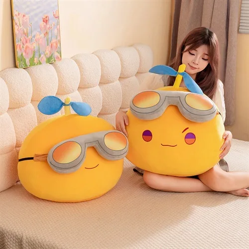 Cute Pilot Lemon Plush Toy, Yellow Lemon Stuffed Pillow with Goggles and Propeller, Soft Fluffy Fruit Shape Throw Cushion Gift