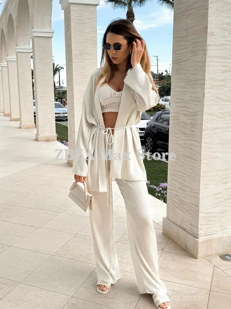 Women\'s Pleated Lace-up Shirt Pants Suit Long Sleeves Lapel Open Front Tied Blouse High Waist Folds Wide Leg Pants Two-piece Set