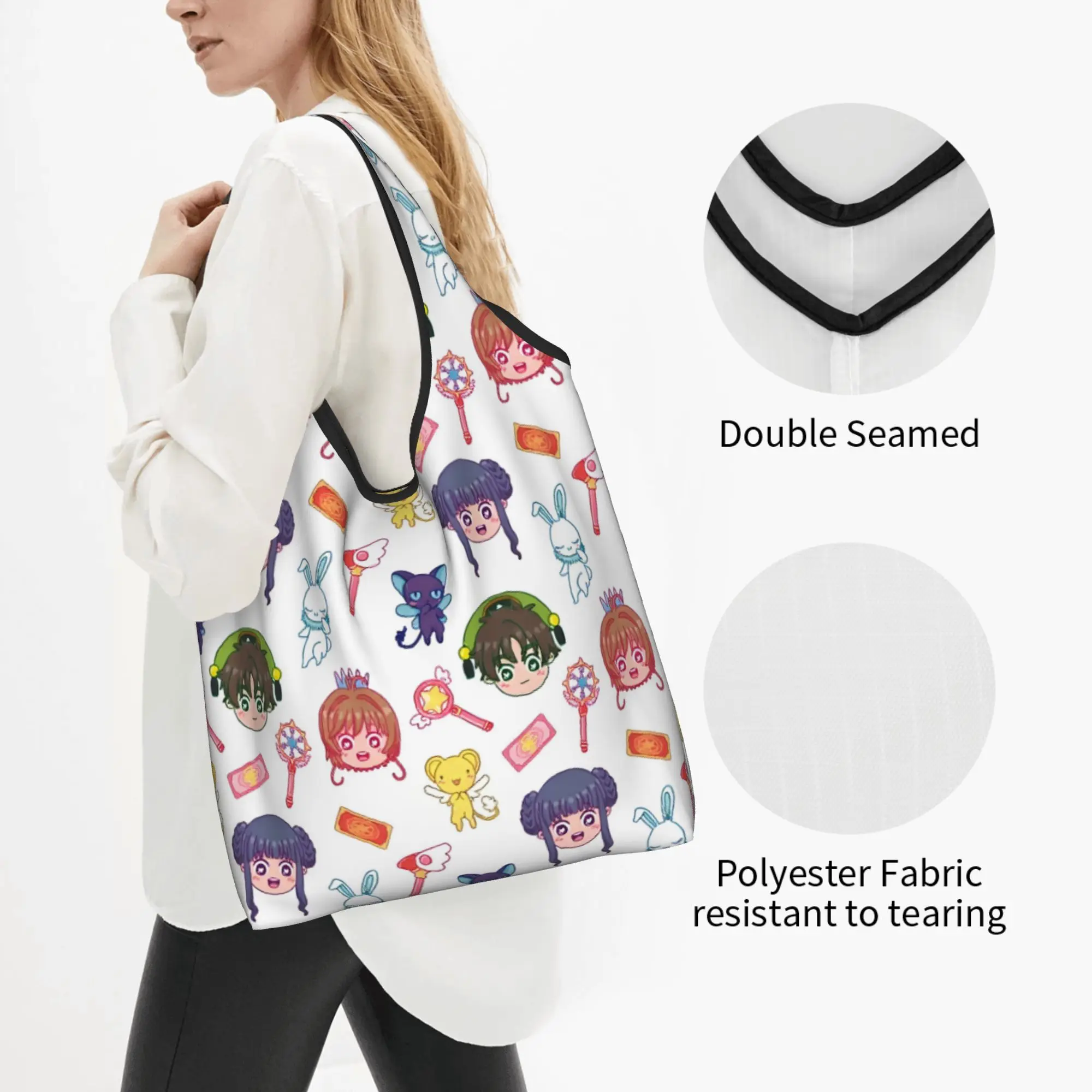 Custom Cute Japane Anime Cardcaptor Sakura Cartoon  Shopping Bags Women Portable Big Capacity Groceries  Tote Shopper Bags