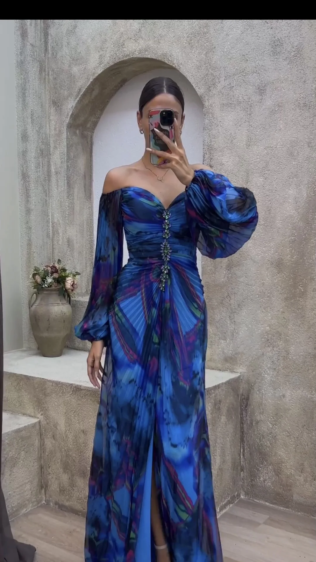 Robe de soirée en mousseline de soie plissée élégante pour femmes, robe de plage imprimée, col en V, manches longues, vêtements féminins sexy, robe de cocktail, robes de Rhmaxi