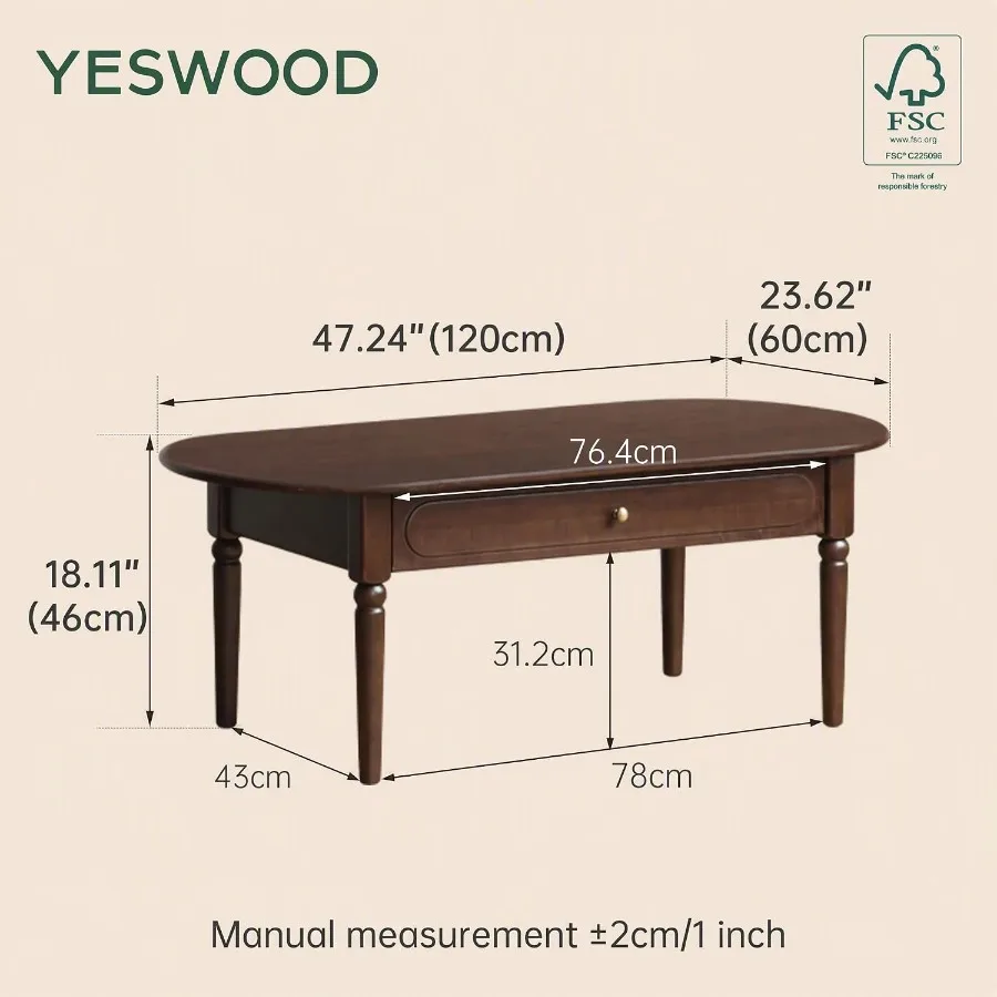 Solid Wood Coffee Table with Drawer for Living Room or Home Office, Poplar with Walnut Finish, Retro Style with Vintage Detaili