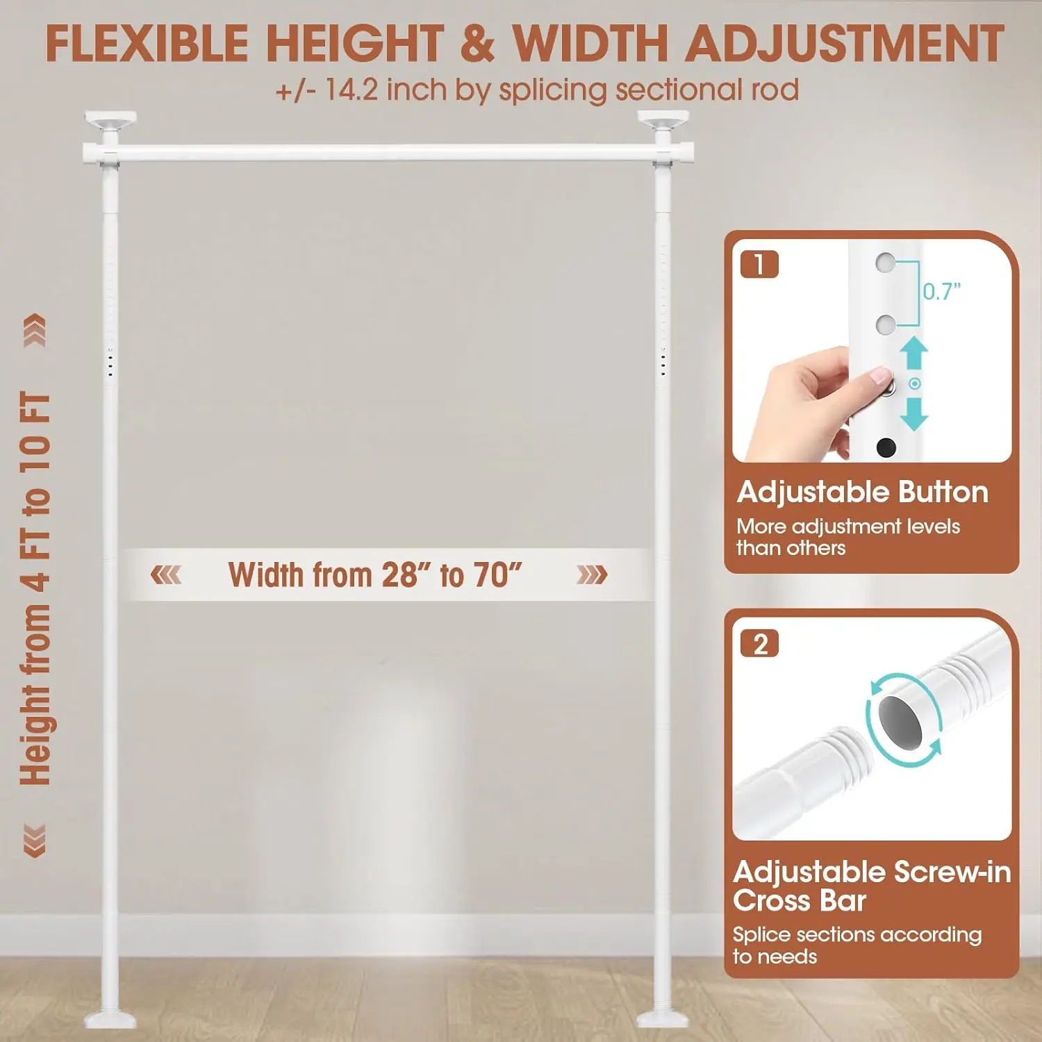 Room Divider Curtain Rod - No Drilling Partition Room Dividers 4-10ft(H) 28-70inch(W) Adjustable, Heavy Duty Partition Separator