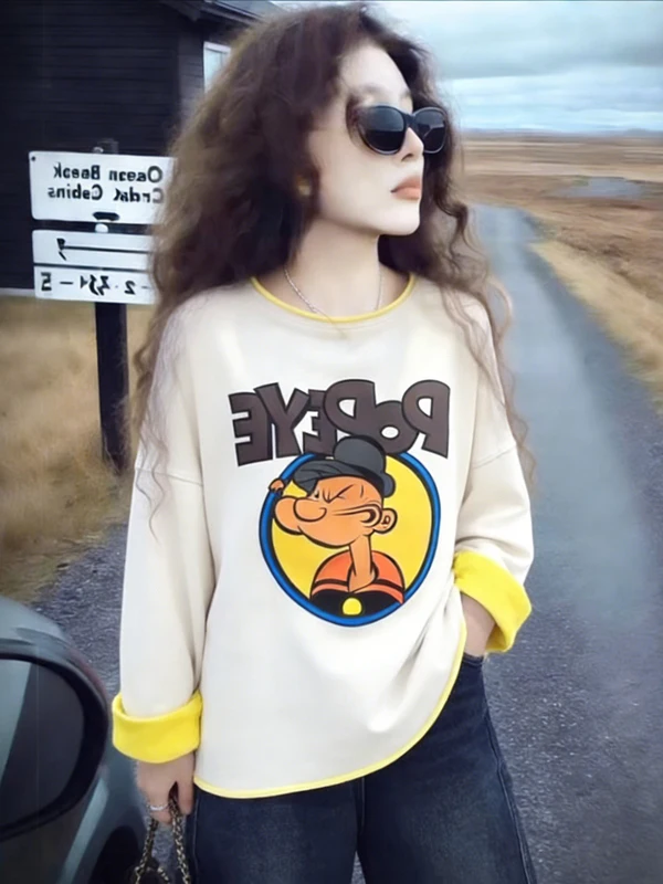 

Large Size Women's round Neck Long Sleeve Sweatshirt Color Block Cartoon Print Loose Maternity Top Spring 2026 New Style Vers...